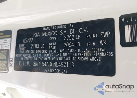 2022 Kia Forte Gt-Line из США, поврежденный, VIN 3KPF54AD0NE492113